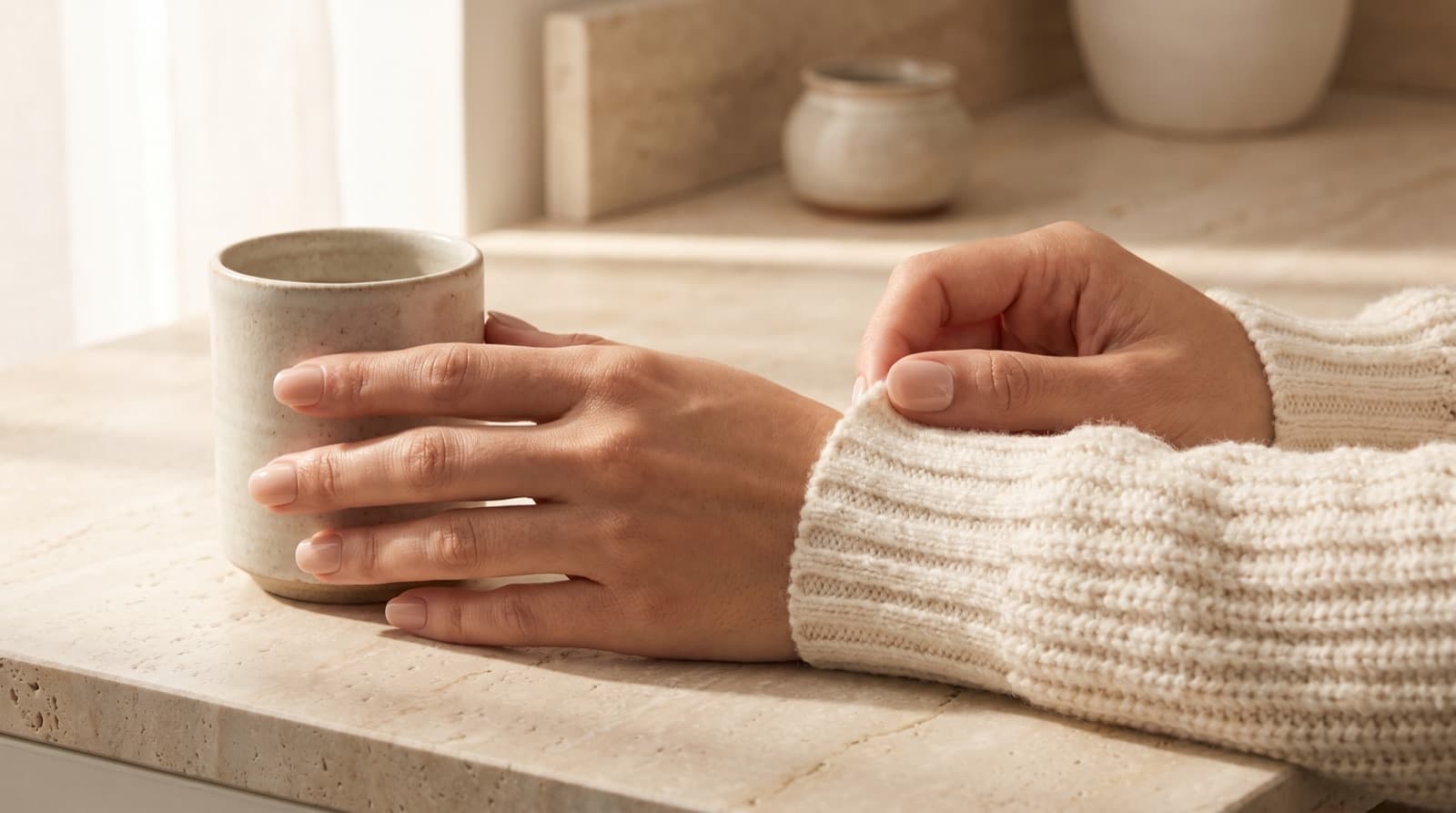 Hands holding a ceramic mug during a quiet morning ritual